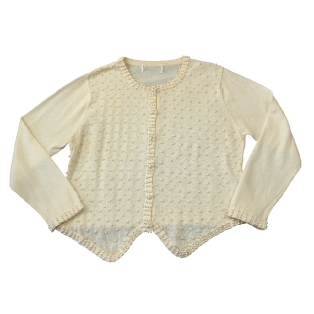 Vintage Cream Faux Pearl Embellished Cardigan Sweater Scalloped Hem Feminine‎